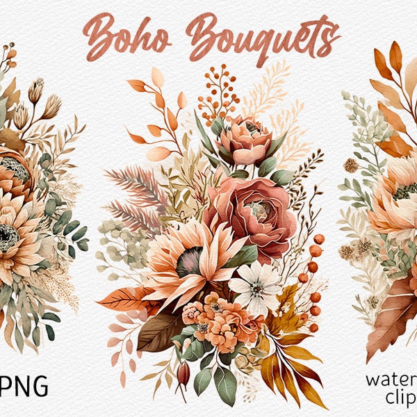 Watercolor Boho Floral Clipart Terracotta Flower Boho Wedding PNG Bohemian Sublimation Rustic Bouquet Wedding Invitation instant download