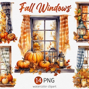 Acquerello caduta finestra Clipart accogliente autunno grafica PNG Foglie autunnali Illustrazione Cottagecore Autunno Decor zucca Scarica uso commerciale