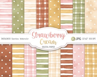 Akvarell jordgubbsstuga digitalt papperspaket kokett sömlöst mönster prickigt utskrivbart scrapbookpapper ränder bakgrund gingham