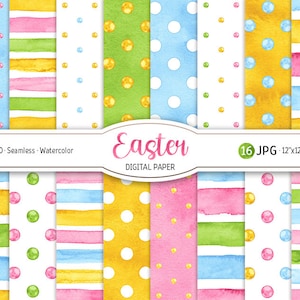 Pacchetto di carta digitale pasquale Acquerello a pois senza cuciture stampabile Scrapbooking carta Acquerello strisce pastello sfondo vacanza