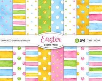 Easter Digital Paper Pack Watercolor Polka Dot Seamless Pattern Printable Scrapbooking Paper Watercolor Pastel Stripes holiday background