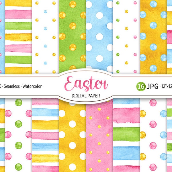 Easter Digital Paper Pack Watercolor Polka Dot Seamless Pattern Printable Scrapbooking Paper Watercolor Pastel Stripes holiday background