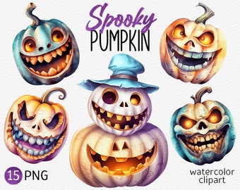 Watercolor Spooky Pumpkin Clipart Scary Pumpkins PNG Bundle Autumn Clip Art Fall Illustration Halloween PNG Instant Download Commercial use