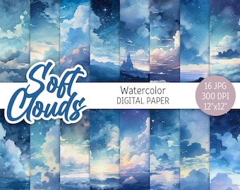 Soft Clouds Digital Paper Pack Watercolor Galaxy Moon Printable Scrapbooking Paper Stars Sky Celestial background Invitations commercial