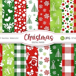 Christmas Digital Paper Pack Watercolor Holiday Seamless Pattern Christmas Tree Background Cute Woodland Printable Scrapbook Paper Snowflake