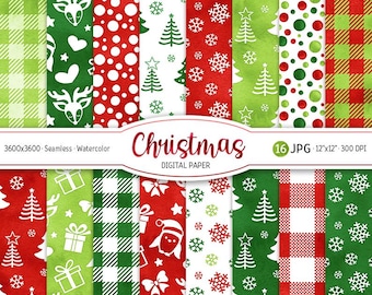 Christmas Digital Paper Pack Watercolor Holiday Seamless Pattern Christmas Tree Background Cute Woodland Printable Scrapbook Paper Snowflake