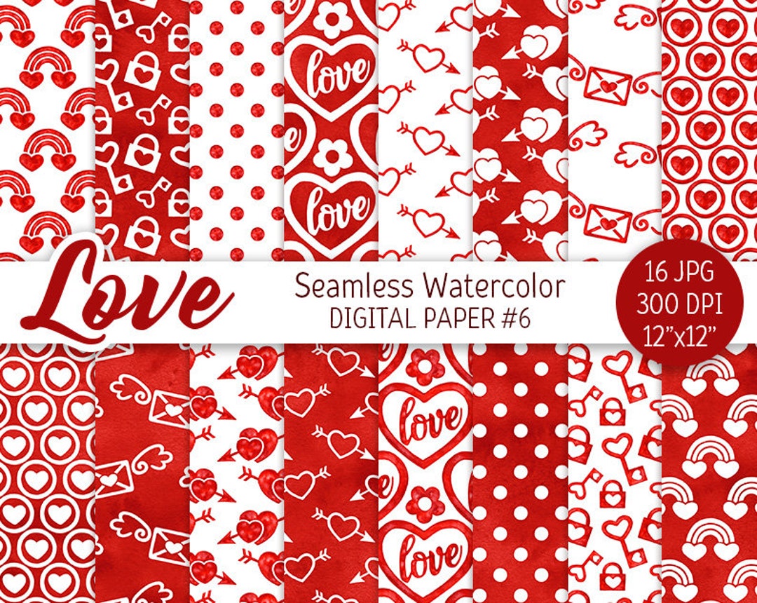 Red & White Valentine Day Digital Paper Pack Watercolor Love Seamless ...