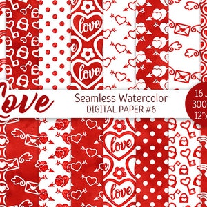 Rojo y blanco Día de San Valentín Digital Paper Pack Acuarela Amor Patrón sin costuras Corazón Imprimible Scrapbooking Papel Carta de amor fondo 14