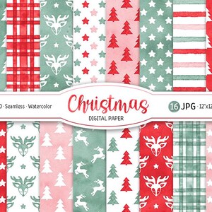 Christmas Digital Paper Pack Watercolor Holiday Seamless Pattern Christmas Tree Background Cute Woodland Printable Scrapbook Paper Reindeer