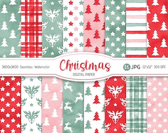 Christmas Digital Paper Pack Watercolor Holiday Seamless Pattern Christmas Tree Background Cute Woodland Printable Scrapbook Paper Reindeer