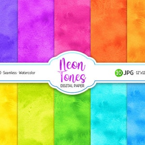 Paquete de papel digital de colores neón, fondo de neón de acuarela, tonos vibrantes, patrón sin costuras, textura imprimible, papel de Scrapbooking de arco iris brillante