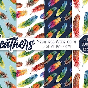Rainbow Feather Aquarelle Digital Paper Pack Coloré Exotique Boho Sans Couture Motif Boho Fond Imprimable Party boho texture plume