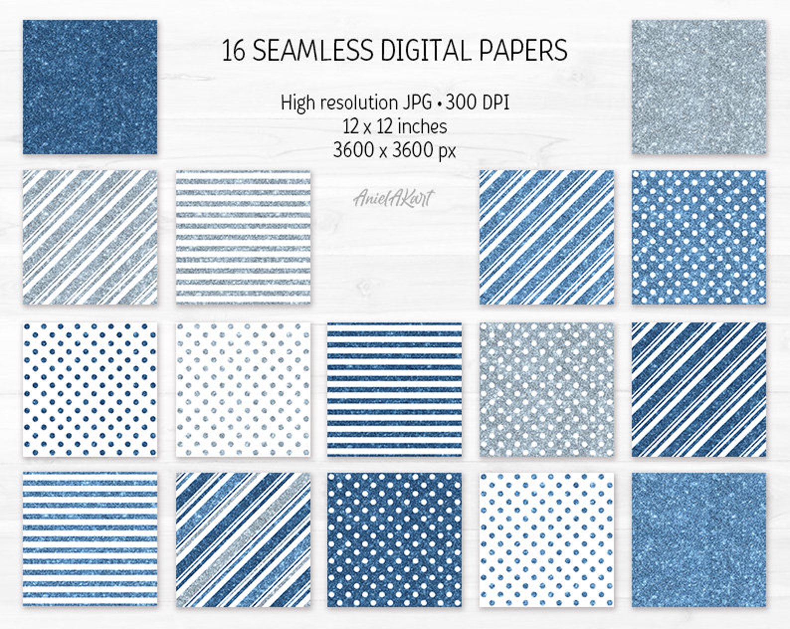 Blue and Silver Glitter Digital Paper Pack Sparkle Seamless Pattern ...