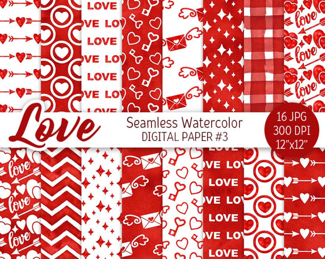 Red & White Valentine Day Digital Paper Pack Watercolor Love Seamless ...