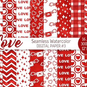 Rojo y blanco Día de San Valentín Digital Paper Pack Acuarela Amor Patrón sin costuras Corazón Imprimible Scrapbooking Papel Carta de amor fondo 14