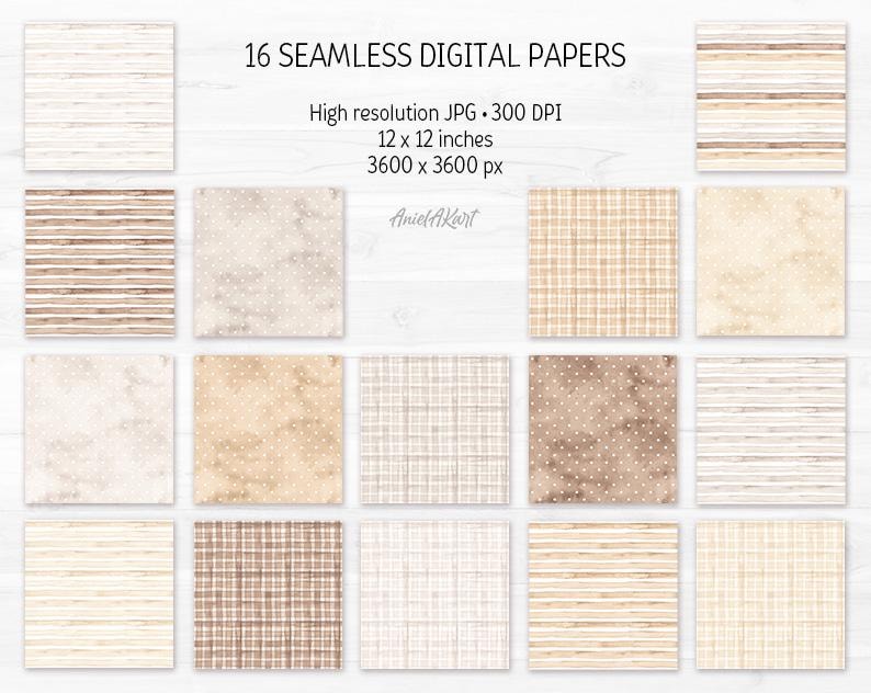 Puede incluir: Conjunto de 16 papeles digitales en varios patrones, incluyendo rayas, lunares y cuadros. Los papeles son en tonos beige y marr&oacute;n, con un efecto acuarela. 30,5 x 30,5 cm, 300 DPI.