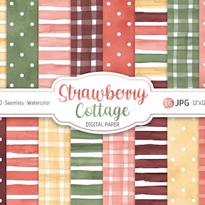 May include: A collection of 16 digital paper designs with watercolor patterns. The patterns include stripes, polka dots, and plaid in shades of red, green, yellow, and brown. The text "Strawberry Cottage DIGITAL PAPER" is displayed in a decorative frame. Each paper is 12"x12".