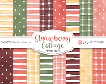 Watercolor Strawberry Cottage Digital Paper Pack Sweet Berry Seamless Pattern Polka dot Printable Scrapbook Paper Stripes Background Gingham