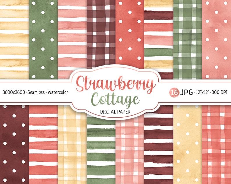 Red Pattern Printable Paper Watercolor Strawberry Cottage Digital Paper Pack Sweet Berry Seamless ...