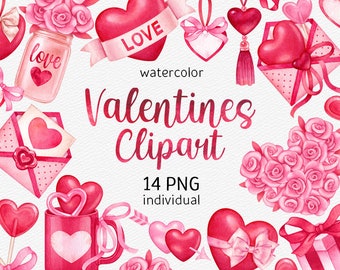 Watercolor Valentine's Day Clipart Valentine PNG Love Clipart Handpainted Romantic Cute Love Letter Clipart Pink Watercolor Floral Heart PNG