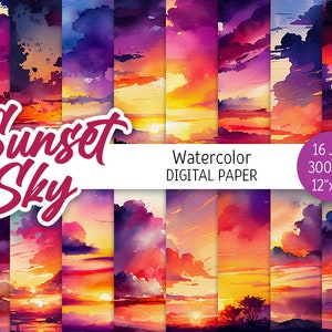 Aquarel Sunset Sky Digital Paper Pack Beach Sunset Printable Scrapbooking Paper Sky background Evening Sun Landscape download commercial