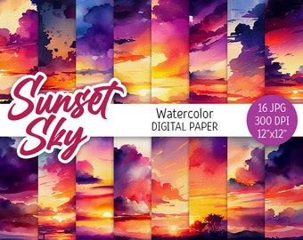 Aquarela pôr do sol céu pacote de papel digital praia pôr do sol para impressão scrapbooking papel fundo do céu noite sol paisagem download comercial