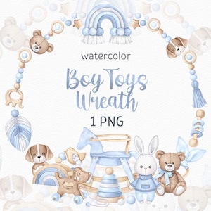 Aquarel babyjongen krans baby shower clipart schattig kinderkamer blauw speelgoed ontwerpen Boho baby PNG handbeschilderd kind clipart houten pasgeboren illustraties