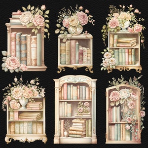 Watercolor Rose Bookcase Clipart Bundle Light Academia PNG Bookshelf ...
