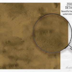 Puede incluir: Un primer plano de un fondo de acuarela marr&oacute;n con una lupa que muestra la textura de la pintura. El texto "ZOOM DETAILS" y "Beautiful handdrawn watercolor design" es visible en la esquina superior derecha de la imagen.