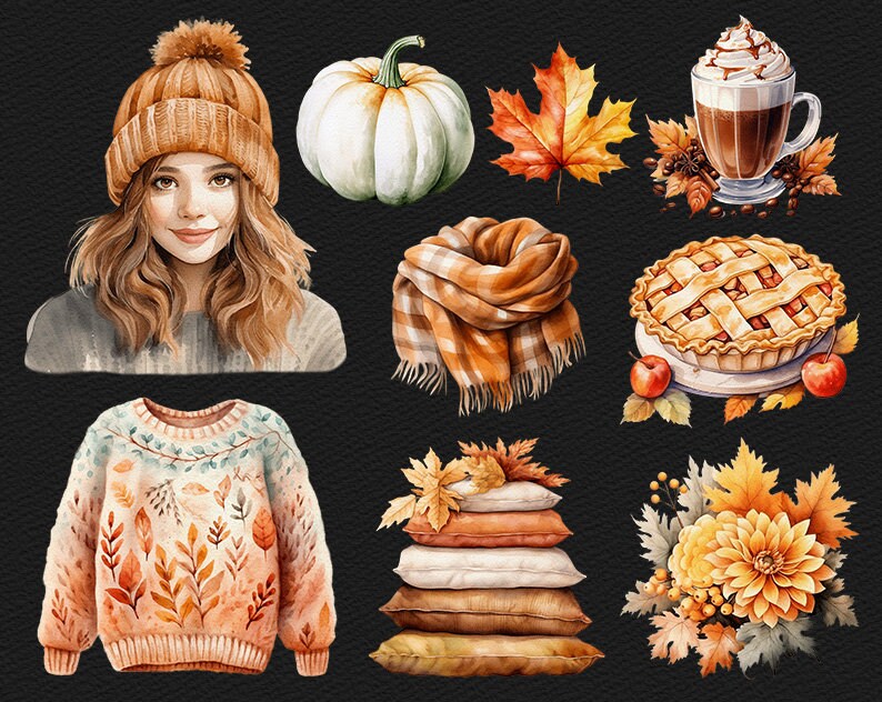 Warm Fall Watercolor Clipart Cozy Autumn PNG Graphics Girl Illustration ...