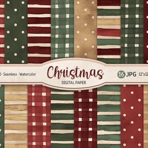 Paquet de papier numérique de Noël motif transparent aquarelle à pois, papier de scrapbooking imprimable Vichy décoration de Noël fond rayé