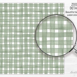 May include: A watercolor design featuring a green and white gingham pattern. The image includes a magnifying glass showing a zoomed-in view of the design. Text reads "ZOOM DETAILS Beautiful handdrawn watercolor design."