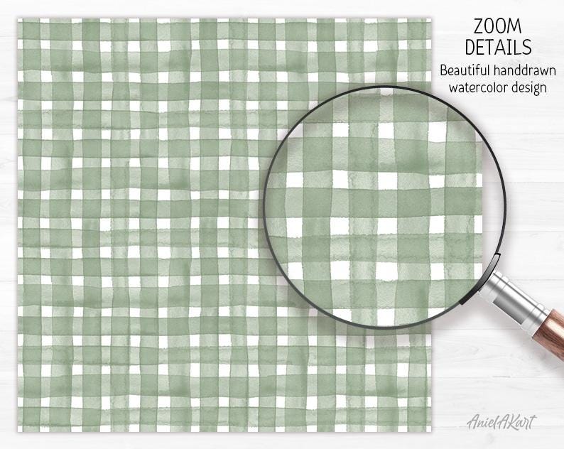 May include: A watercolor design featuring a green and white gingham pattern. The image includes a magnifying glass showing a zoomed-in view of the design. Text reads "ZOOM DETAILS Beautiful handdrawn watercolor design."