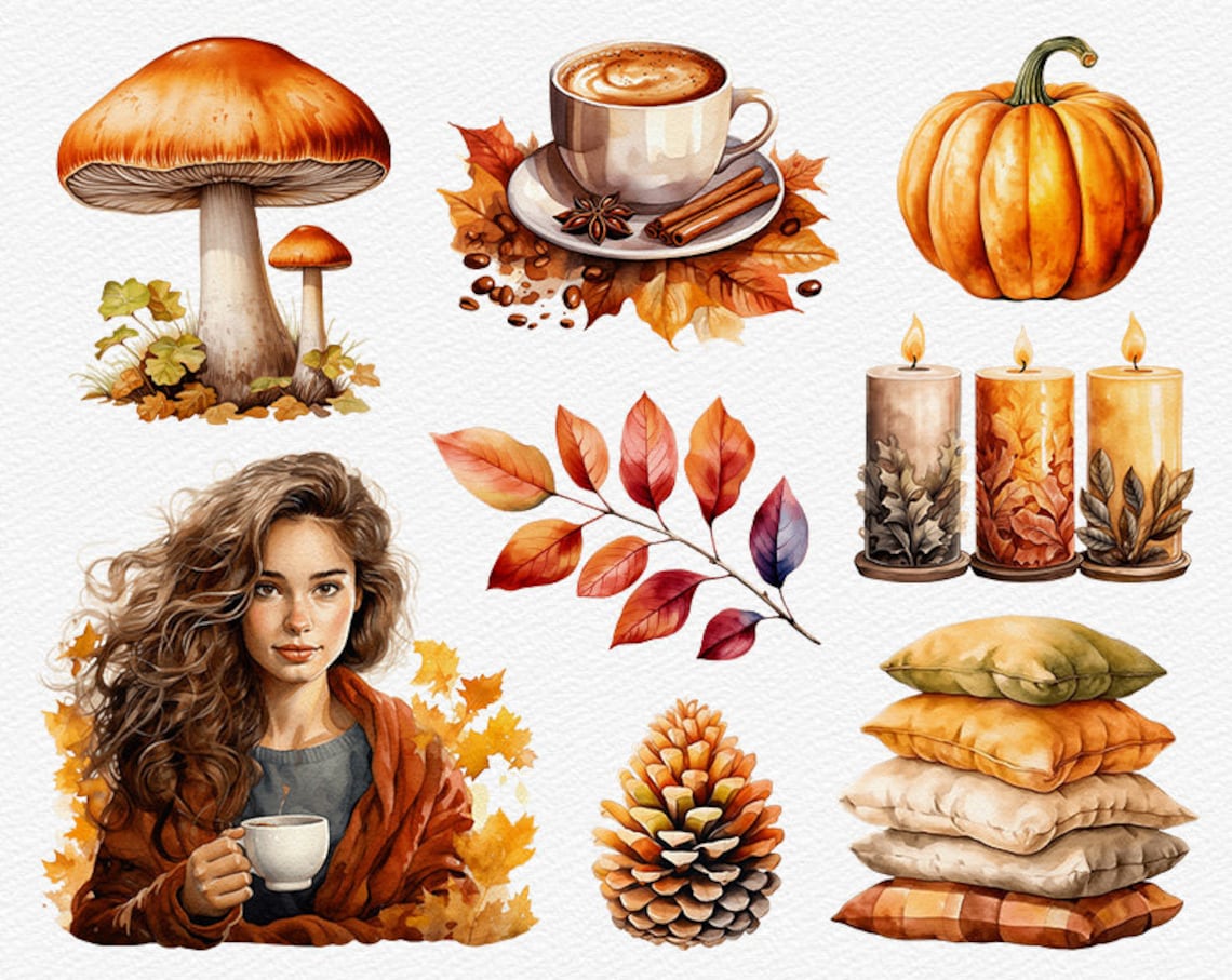 Cozy Autumn Watercolor Clipart Fall PNG Graphics Falling Leaves Girl ...