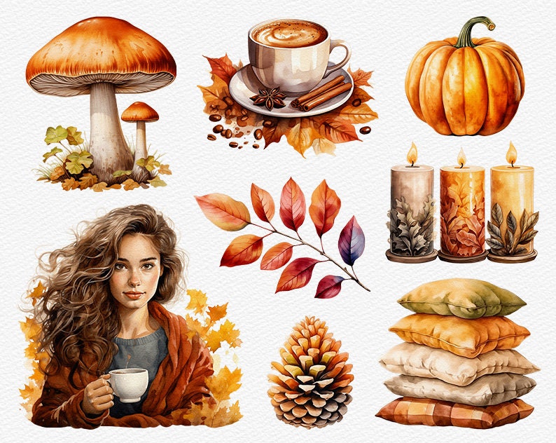 Cozy Autumn Watercolor Clipart Fall PNG Graphics Falling Leaves Girl ...