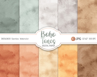 Watercolor Boho Tones Digital Paper Pack Neutral Earthy Boho Seamless Pattern Abstract Boho Printable Scrapbooking Paper Bohemian background