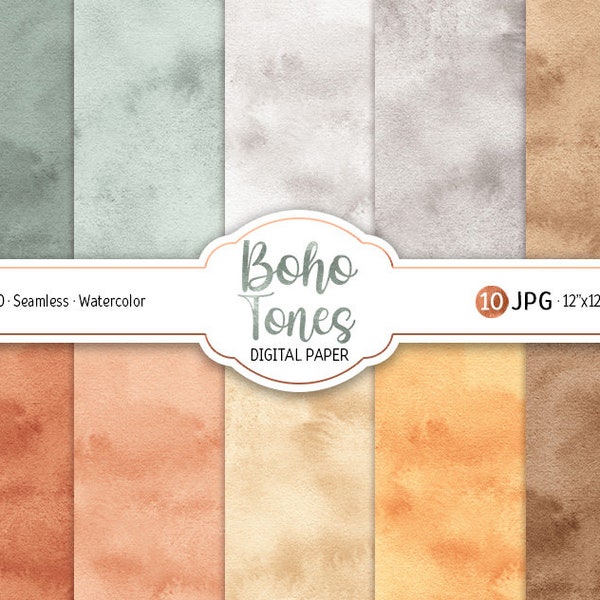 Watercolor Boho Tones Digital Paper Pack Neutral Earthy Boho Seamless Pattern Abstract Boho Printable Scrapbooking Paper Bohemian background