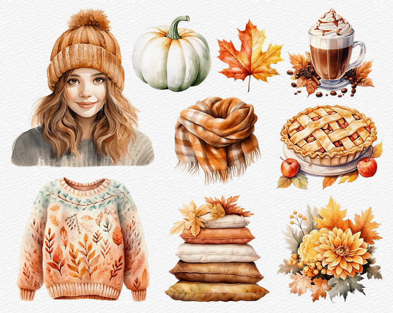 Warm Fall Watercolor Clipart Cozy Autumn PNG Graphics Girl Illustration ...