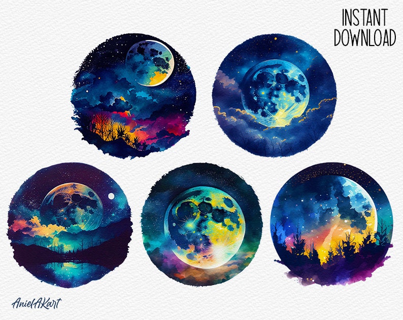 Watercolor Full Moon Clipart Bundle Magic Starry Night PNG Cozy ...