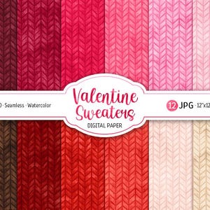 Valentine Pullover Digitales Papier Pack Aquarell Rosa Farbtöne Stricken Nahtlose Muster Printable Scrapbook Papier Rot Liebe Hintergrund Wolle Textur