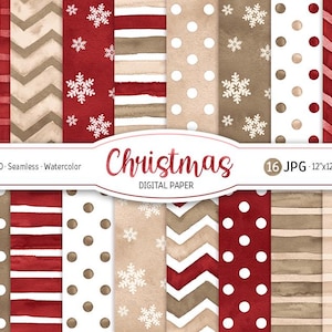 Peut inclure: Ensemble de 16 papiers numériques sur le thème de Noël. Les papiers ont un aspect aquarelle et présentent divers motifs en rouge, blanc et marron. Les motifs comprennent des pois, des rayures, du vichy et du chevron.