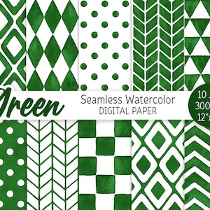 Op de afbeelding: Set van 10 digitale papieren met groene en witte geometrische patronen. De patronen omvatten stippen, ruiten, pijlen en geruite ontwerpen. De papieren zijn 30,5 cm bij 30,5 cm en 300 DPI.