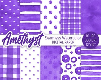 May include: Set of 10 digital paper designs in purple and white featuring various patterns including polka dots, stripes, and gingham. Seamless watercolor patterns are 12 inches by 12 inches and 300 DPI.