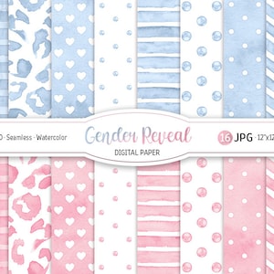 Paquet de papier numérique entre les sexes, rose pâle et bleu, motif transparent aquarelle à pois, rayures imprimables Fête prénatale, fille ou garçon