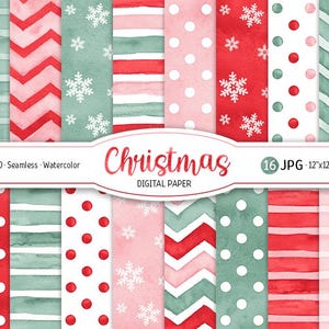 Weihnachten Musterdesign Aquarell Digital Paper Pack Polka Dot Schneeflocken Printable Scrapbooking Papier Streifen Rosa Retro Hintergrund