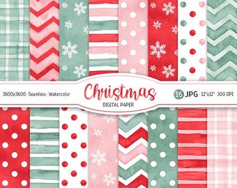 May include: A set of 16 digital papers featuring watercolor Christmas patterns in red, green, white, and pink. The patterns include gingham, stripes, polka dots, snowflakes, and chevron designs. The papers are 3600x3600 pixels and are seamless.