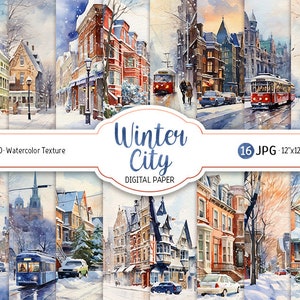 Acuarela Invierno Paquete de papel digital Winter City Imprimible Scrapbooking Papel Invierno Paisaje urbano Fondo navideño Uso comercial Descargar