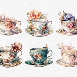 May include: Six watercolor illustrations of teacups with floral designs. Each teacup is decorated with different flowers and colors, including pink, blue, green, and yellow. The teacups are set on saucers with gold trim.