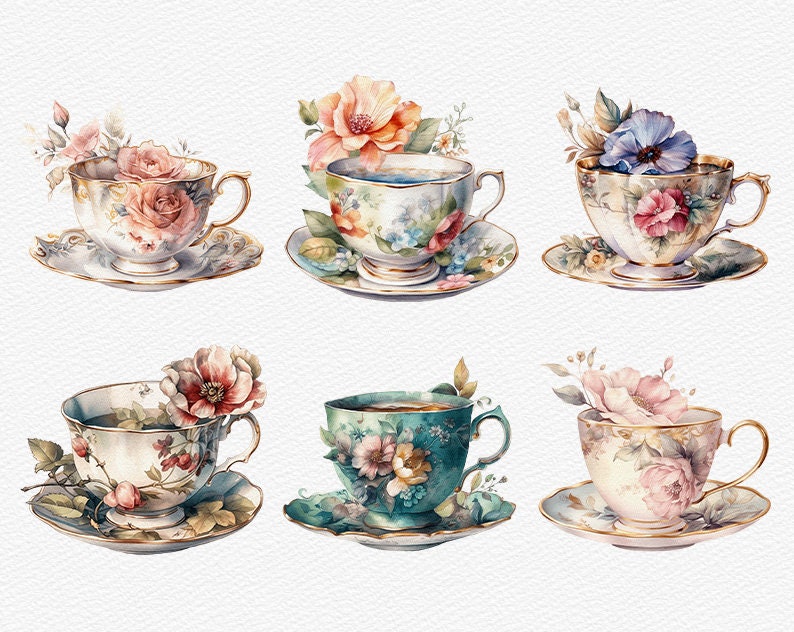 May include: Six watercolor illustrations of teacups with floral designs. Each teacup is decorated with different flowers and colors, including pink, blue, green, and yellow. The teacups are set on saucers with gold trim.