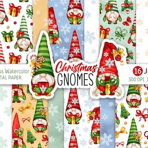 Christmas Gnomes Digital Paper Pack Watercolor Gnome Seamless Pattern Cute Cartoon Printable Scrapbooking Paper Stripes Christmas background